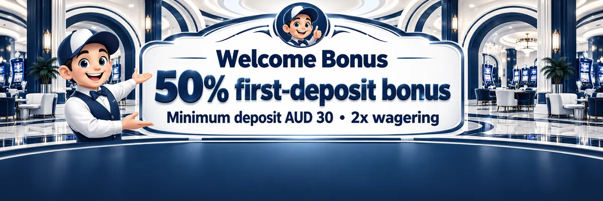EQ9 welcome bonus banner with a large glossy wordmark, capped cartoon figure badge, ornamental arches and a bright registration card interface.