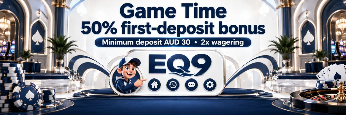 EQ9 casino games banner featuring the glossy wordmark, compact casino interface icons, ornamental arches and the recurring capped cartoon figure.